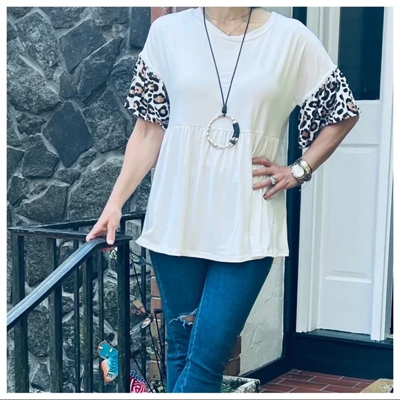 #26 Boho Leopard Trim sleeves tunic soft Flowy baby doll top - Picture 5 of 10